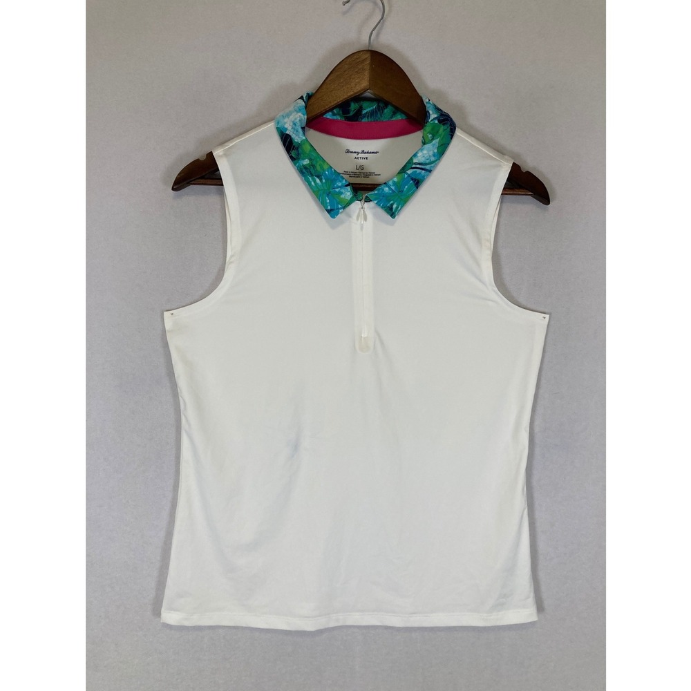 Tropical Coastal Tommy Bahama Women L White Sleeveless Quarter Zip Golf Polo Top